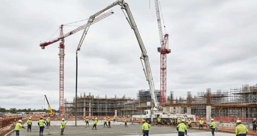 Concrete boom pump pouring a house slab on a residential construction site in Canberra with professional crew