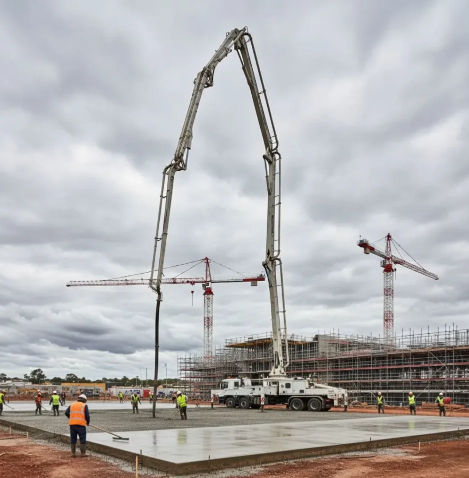 High reach concrete boom pump delivering concrete on a commercial construction project in Canberra