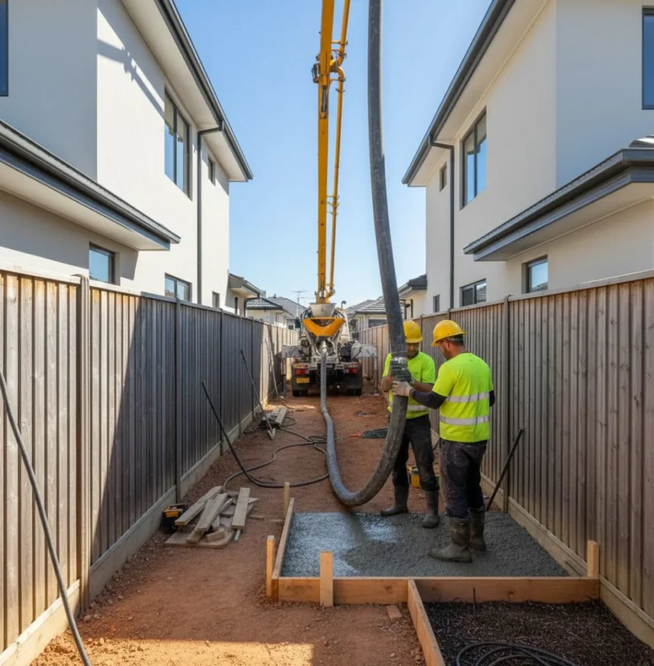 Line concrete pump delivering concrete through hoses into a tight residential backyard in Canberra (1)