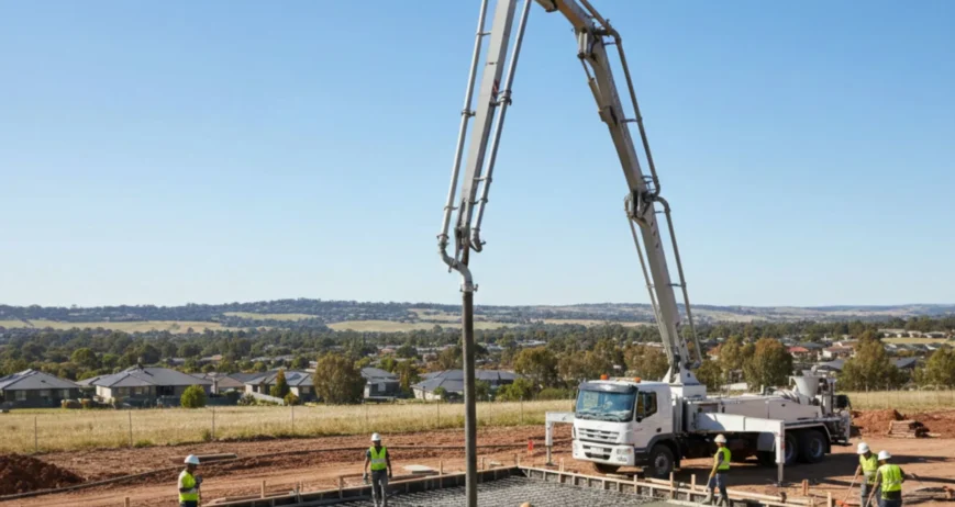Line concrete pump delivering concrete through hoses into a tight residential backyard in Canberra
