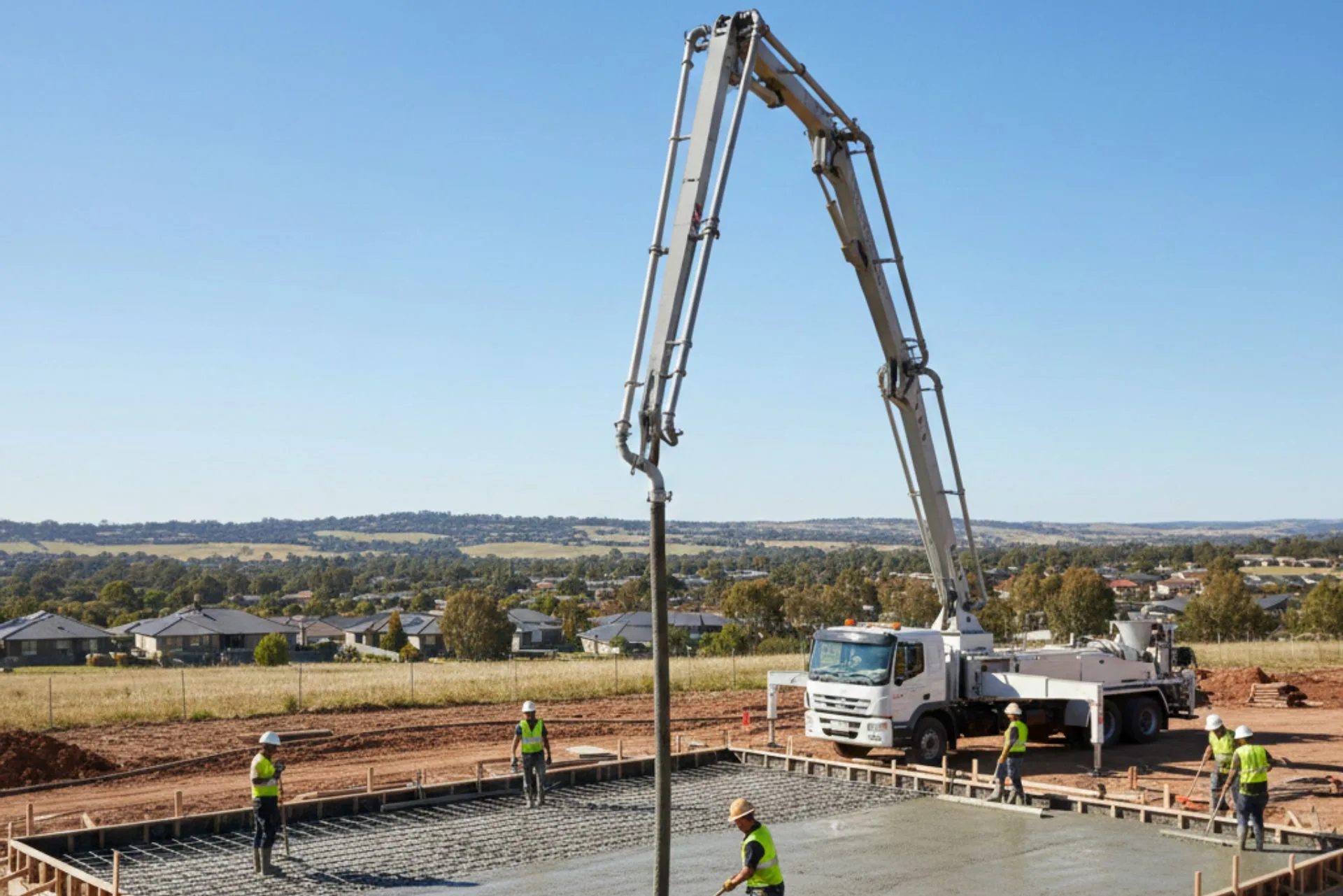 Line concrete pump delivering concrete through hoses into a tight residential backyard in Canberra